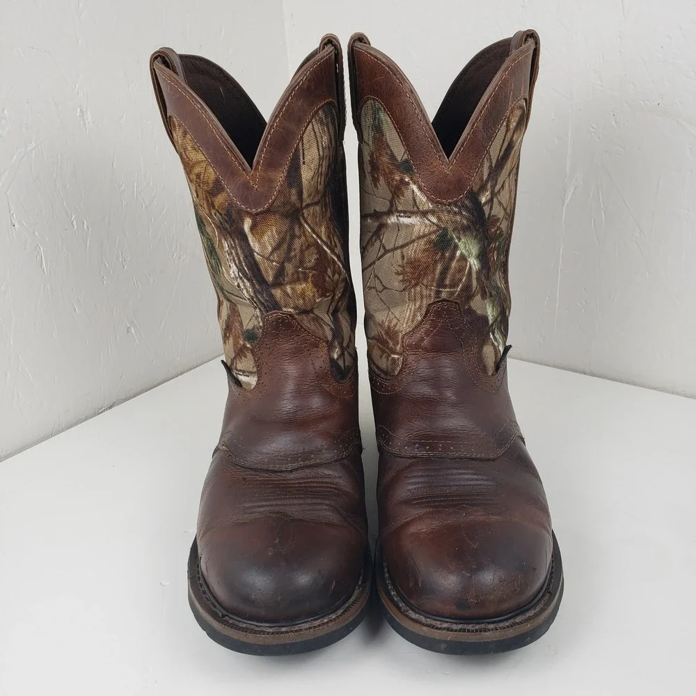 Justin Mens WK4675 Waterproof Camo Work Boots Brown Leather 10.5 EE Wide